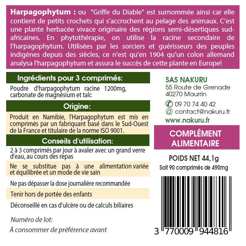 NAKURU Harpagophytum — 90 comprimés — Étiquette dos