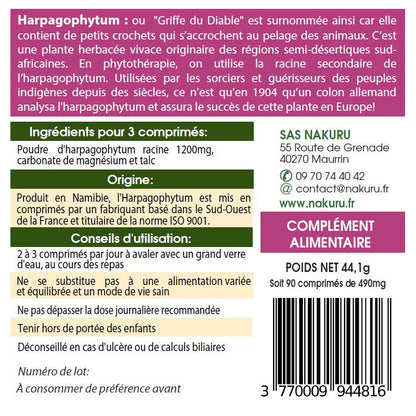 NAKURU Harpagophytum — 90 comprimés — Étiquette dos