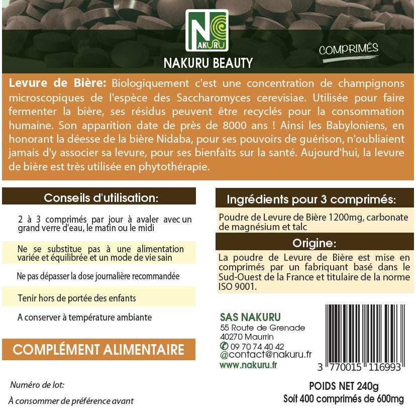 NAKURU Levure de Bière — 400 comprimés — Étiquette dos