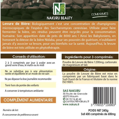 NAKURU Levure de Bière — 400 comprimés — Étiquette dos