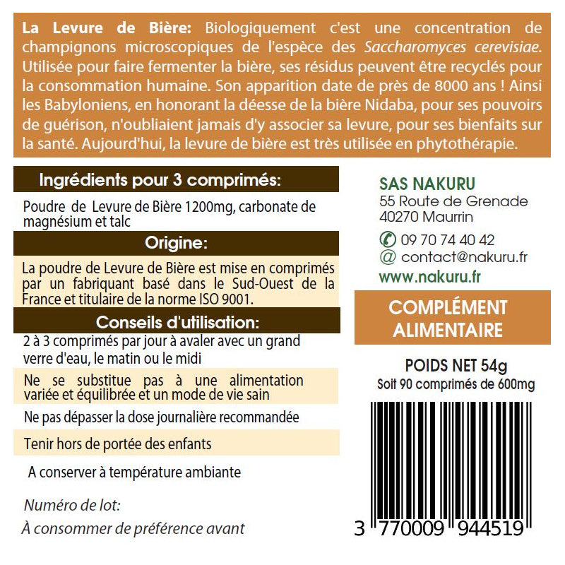 NAKURU Levure de Bière — 90 comprimés — Étiquette dos