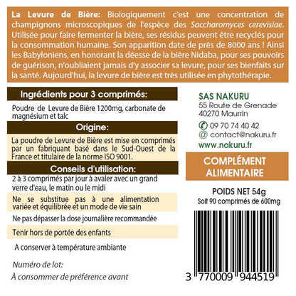 NAKURU Levure de Bière — 90 comprimés — Étiquette dos