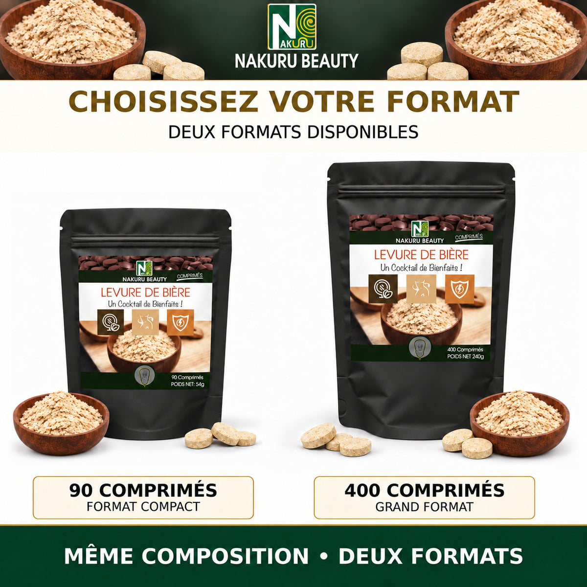 NAKURU Levure de Bière — 400 comprimés — Comparatif des formats