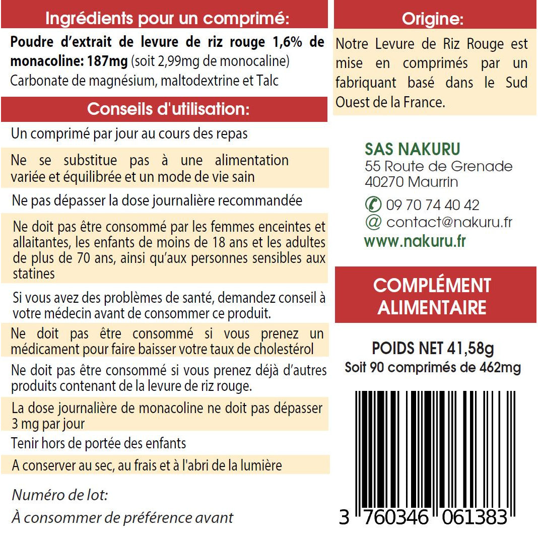 NAKURU Levure de Riz Rouge — 90 comprimés — Étiquette dos
