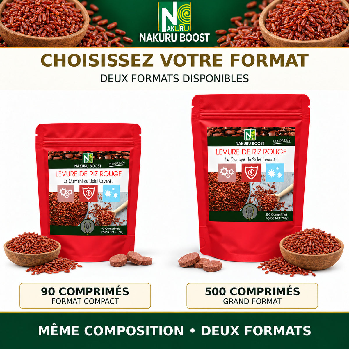 NAKURU Levure de Riz Rouge — 500 comprimés — Comparatif des formats