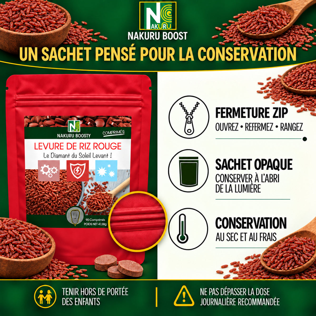 NAKURU Levure de Riz Rouge — 500 comprimés — Conservation