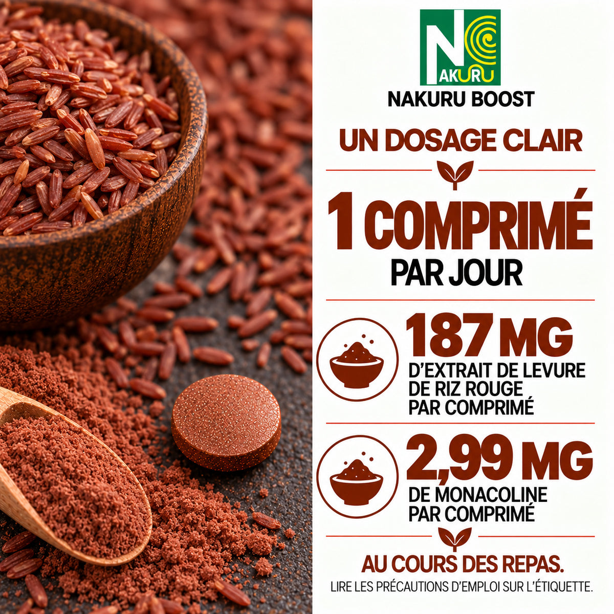 NAKURU Levure de Riz Rouge — 500 comprimés — Dosage
