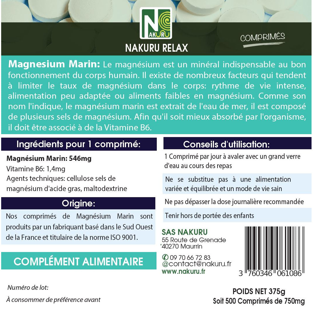 NAKURU Magnésium Marin + Vitamine B6 — 500 comprimés — Étiquette dos