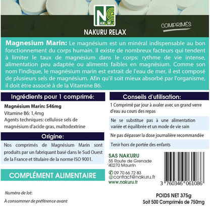 NAKURU Magnésium Marin + Vitamine B6 — 500 comprimés — Étiquette dos