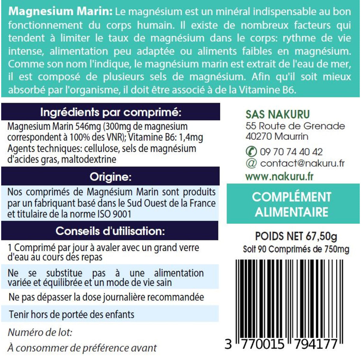 NAKURU Magnésium Marin + Vitamine B6 — 90 comprimés — Étiquette dos