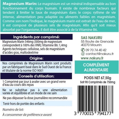 NAKURU Magnésium Marin + Vitamine B6 — 90 comprimés — Étiquette dos
