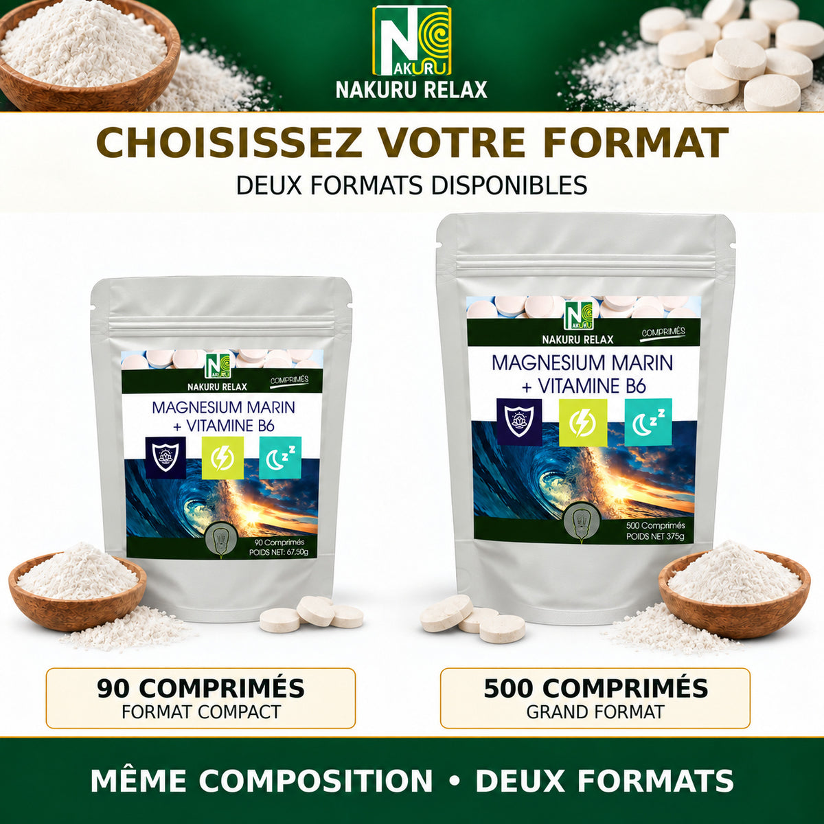 NAKURU Magnésium Marin + Vitamine B6 — 500 comprimés — Comparatif des formats