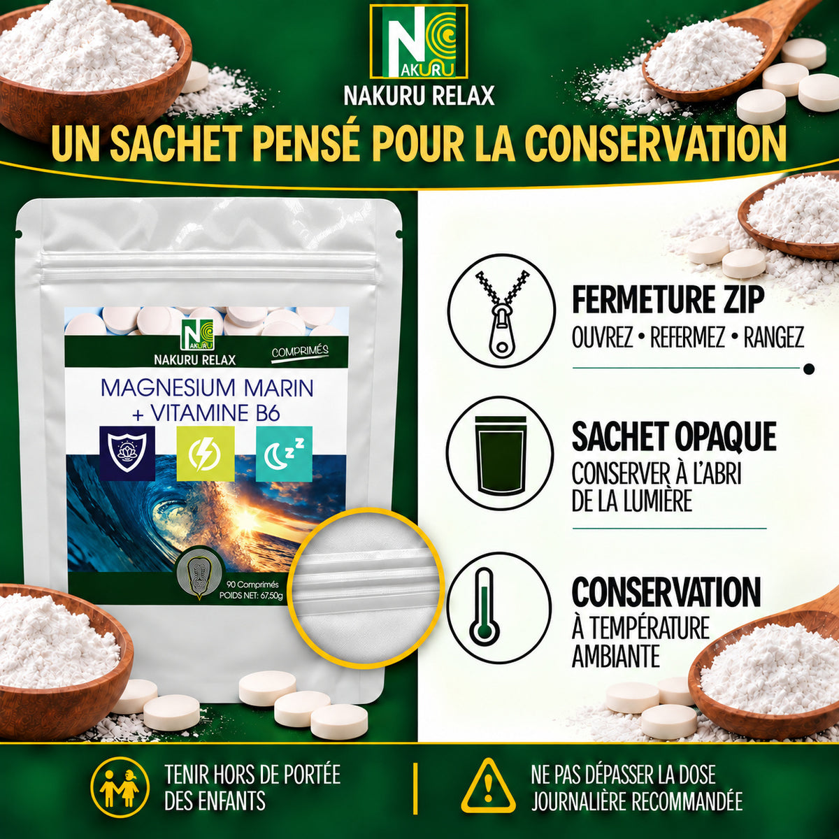 NAKURU Magnésium Marin + Vitamine B6 — 500 comprimés — Conservation