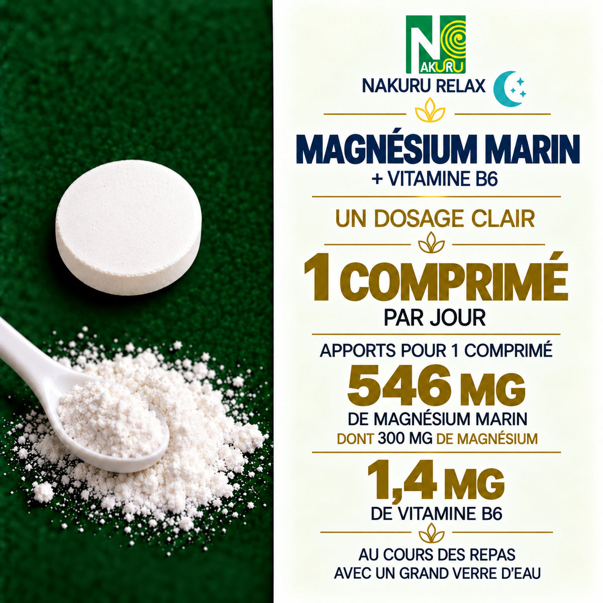 NAKURU Magnésium Marin + Vitamine B6 — 500 comprimés — Dosage