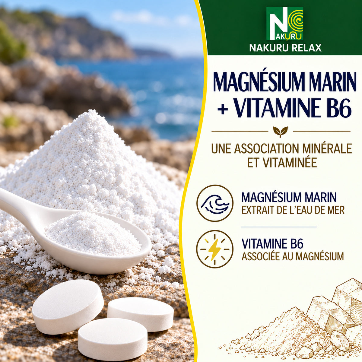 NAKURU Magnésium Marin + Vitamine B6 — 500 comprimés — Présentation