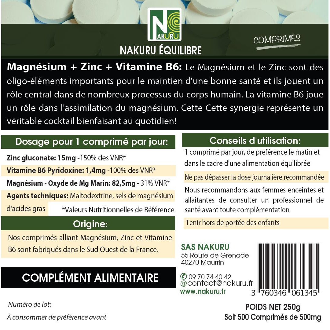 NAKURU Magnésium + Zinc+ Vitamine B6 — 500 comprimés — Étiquette dos