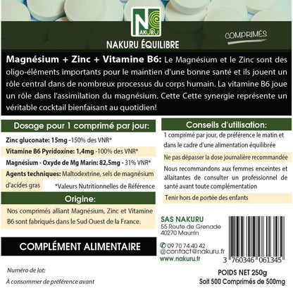 NAKURU Magnésium + Zinc+ Vitamine B6 — 500 comprimés — Étiquette dos