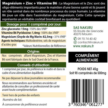 NAKURU Magnésium + Zinc+ Vitamine B6 — 90 comprimés — Étiquette dos