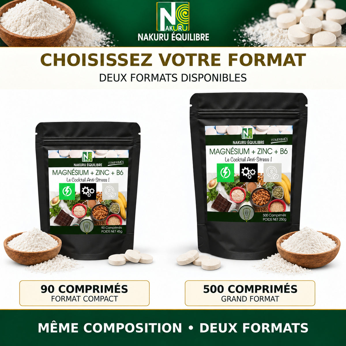 NAKURU Magnésium + Zinc+ Vitamine B6 — 500 comprimés — Comparatif des formats