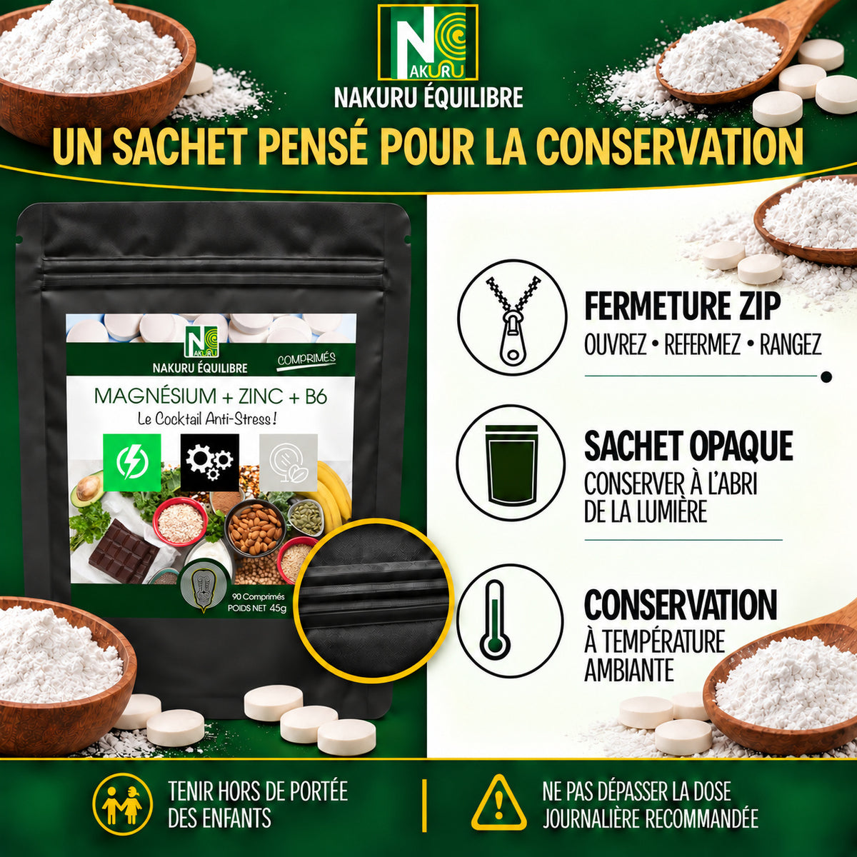 NAKURU Magnésium + Zinc+ Vitamine B6 — 500 comprimés — Conservation