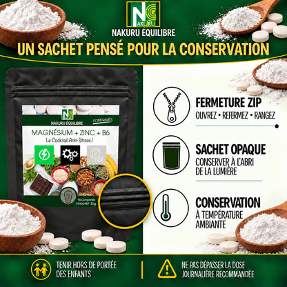 NAKURU Magnésium + Zinc+ Vitamine B6 — 500 comprimés — Conservation