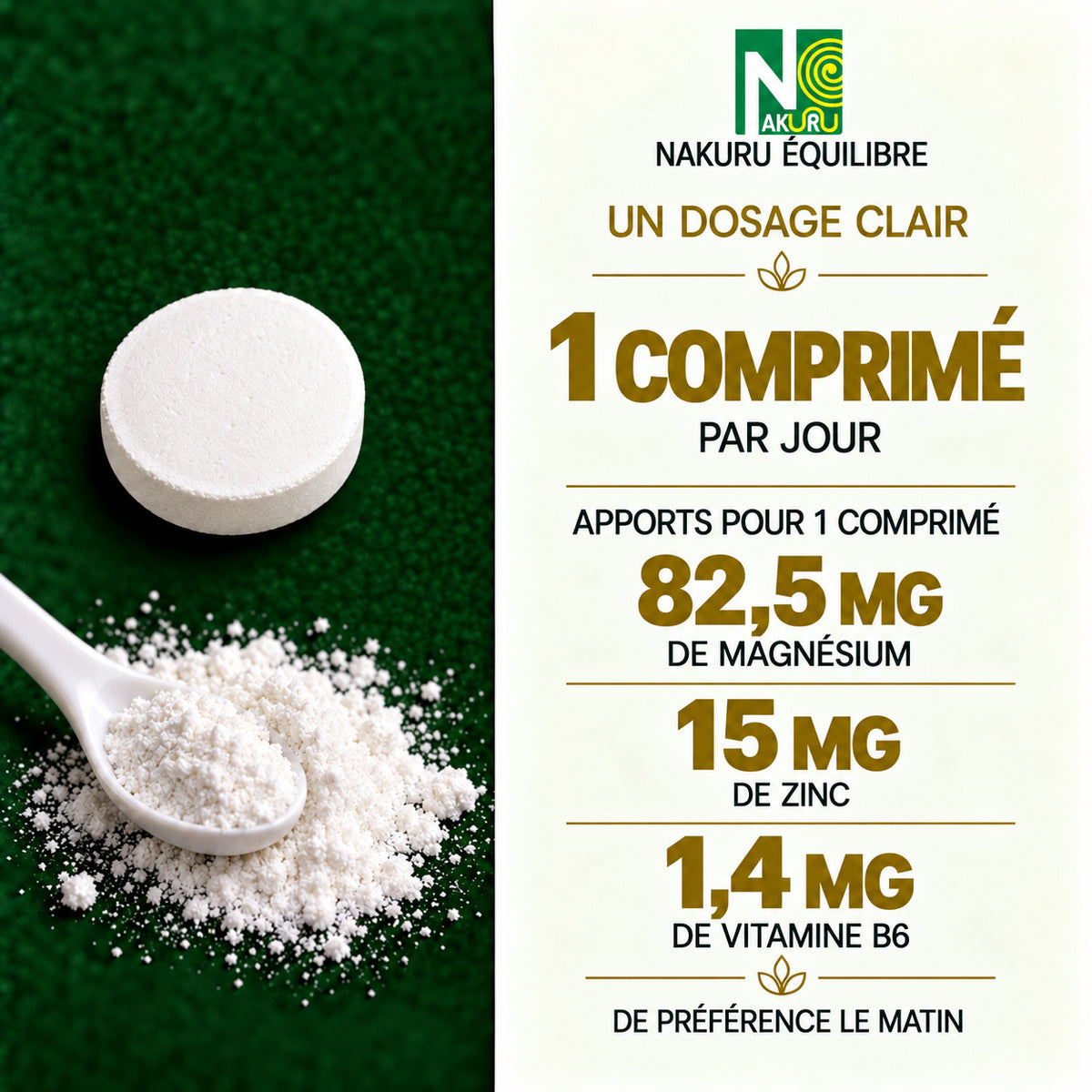 NAKURU Magnésium + Zinc+ Vitamine B6 — 500 comprimés — Dosage