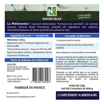 NAKURU Mélatonine Forte 1,8mg — 500 comprimés — Étiquette dos