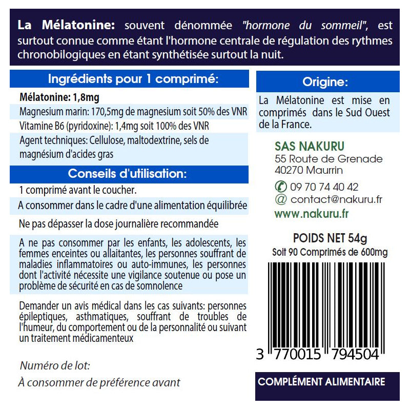 NAKURU Mélatonine Forte 1,8mg — 90 comprimés — Étiquette dos