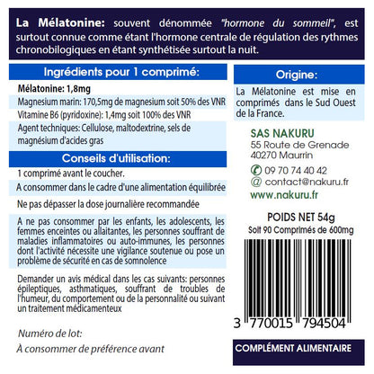NAKURU Mélatonine Forte 1,8mg — 90 comprimés — Étiquette dos