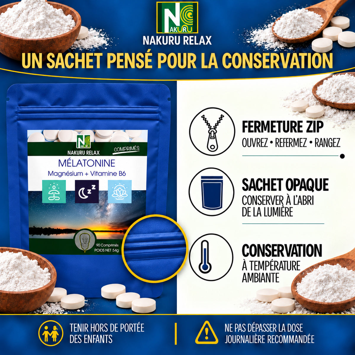 NAKURU Mélatonine Forte 1,8mg — 500 comprimés — Conservation