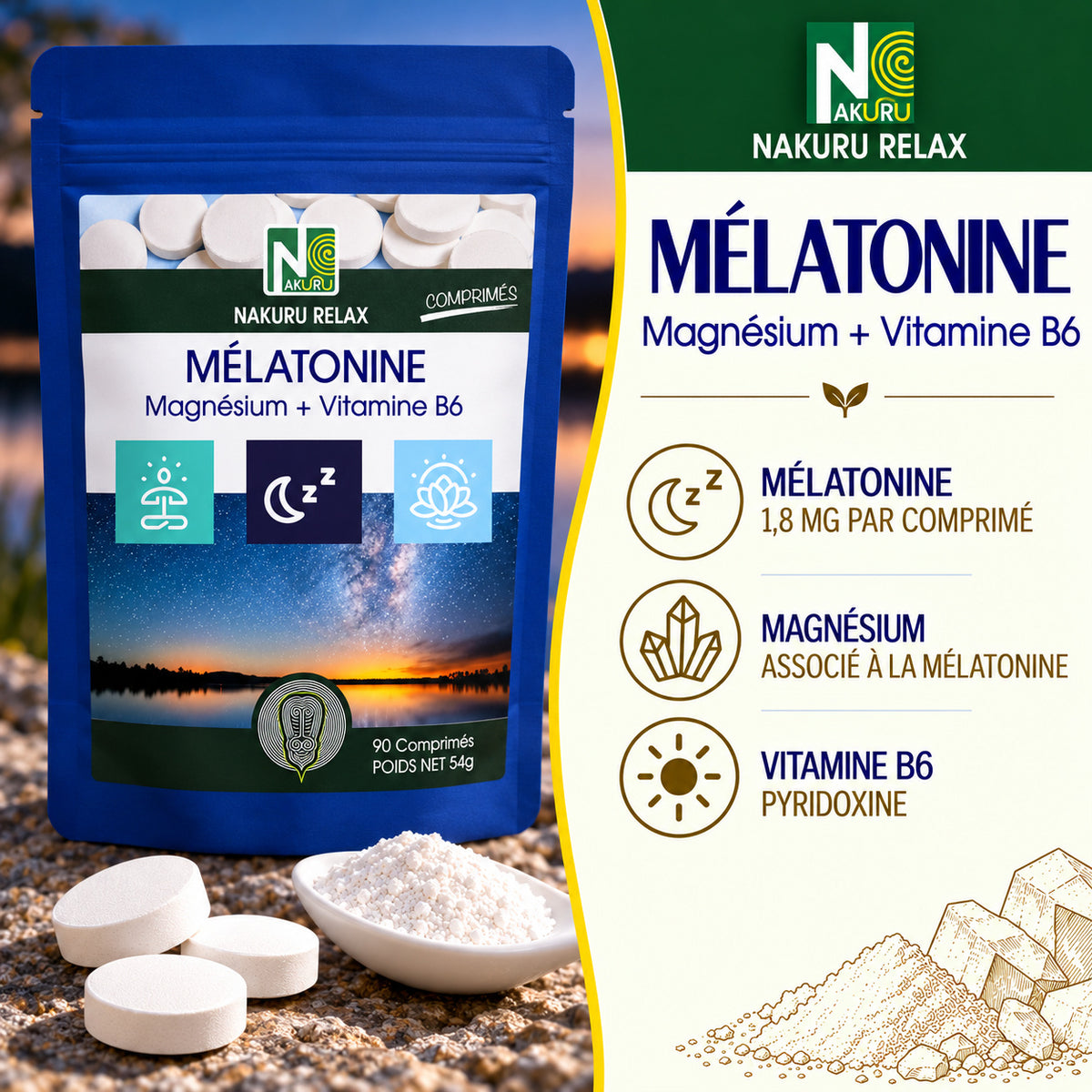 NAKURU Mélatonine Forte 1,8mg — 500 comprimés — Présentation