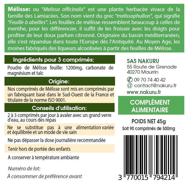 NAKURU Mélisse — 90 comprimés — Étiquette dos