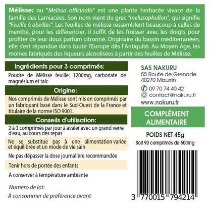NAKURU Mélisse — 90 comprimés — Étiquette dos