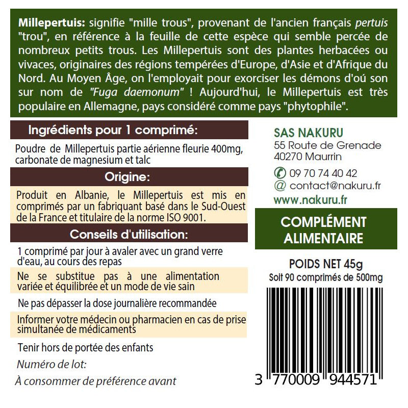 NAKURU Millepertuis — 90 comprimés — Étiquette dos
