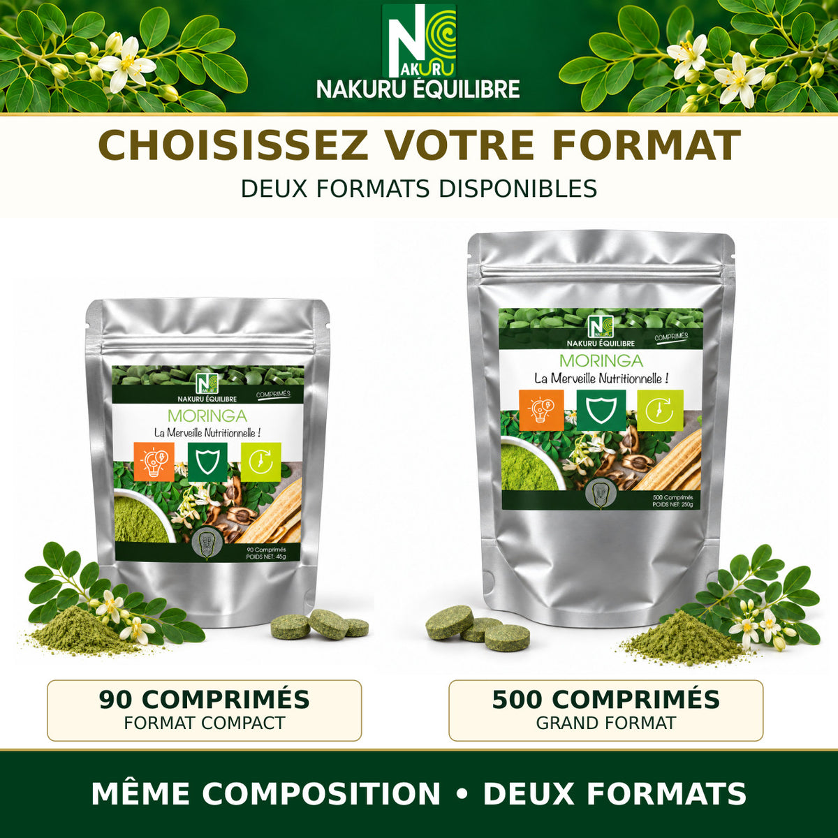 NAKURU Moringa — 500 comprimés — Comparatif des formats
