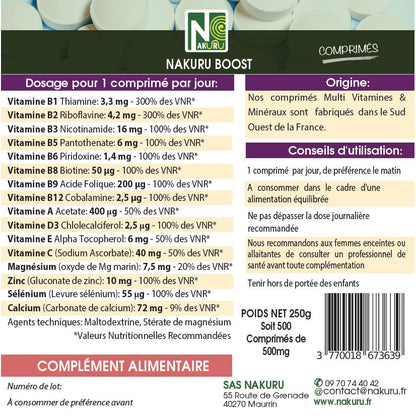 NAKURU Multi Vitamines & Minéraux — 500 comprimés — Étiquette dos