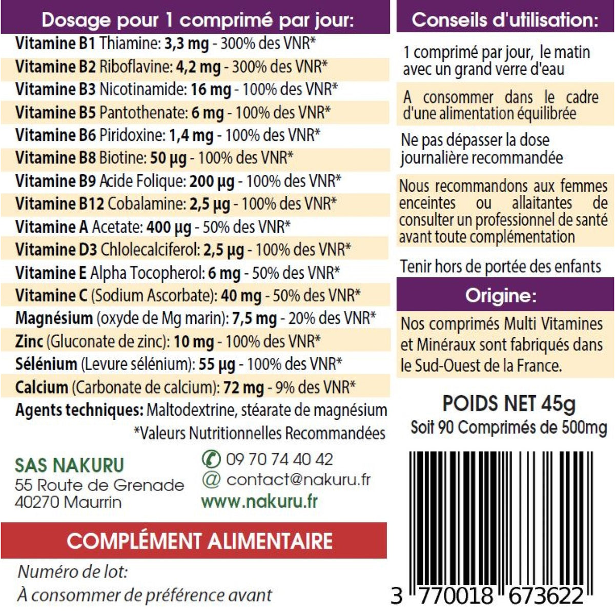 NAKURU Multi Vitamines & Minéraux — 90 comprimés — Étiquette dos