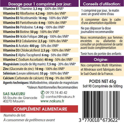NAKURU Multi Vitamines & Minéraux — 90 comprimés — Étiquette dos