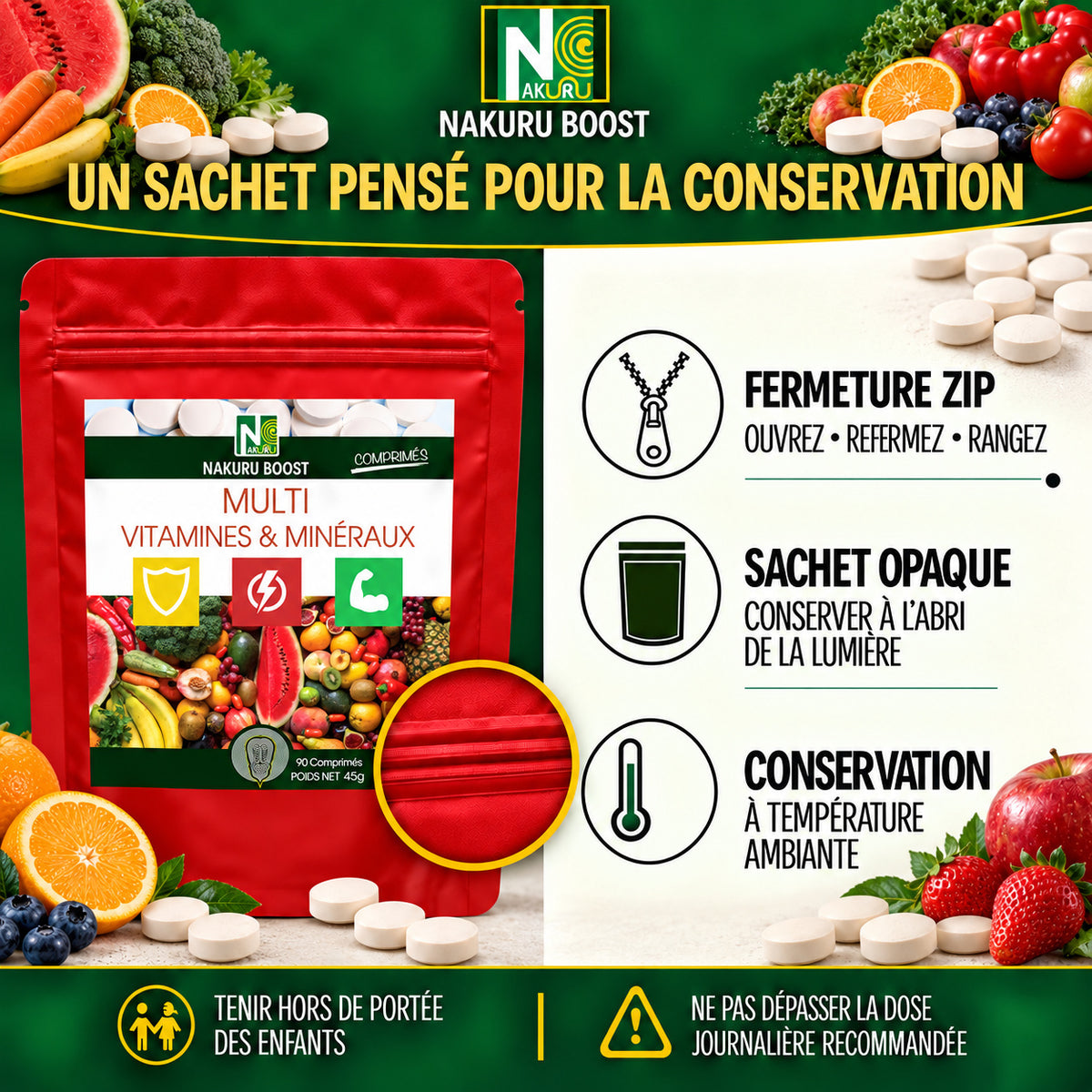 NAKURU Multi Vitamines & Minéraux — 500 comprimés — Conservation