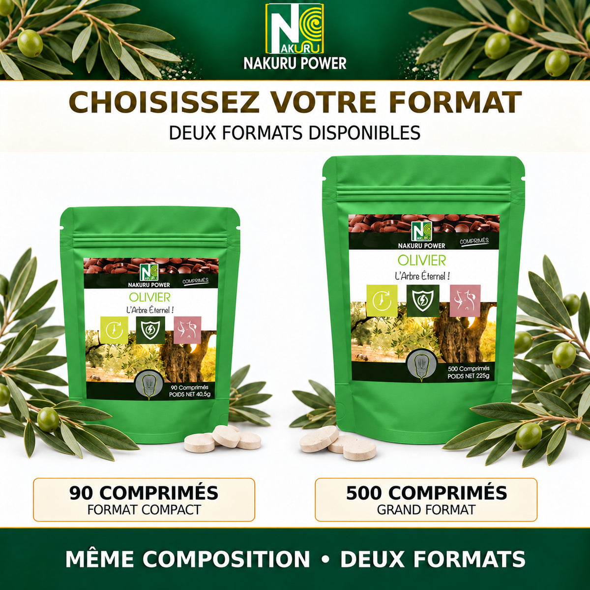 NAKURU Olivier — 500 comprimés — Comparatif des formats