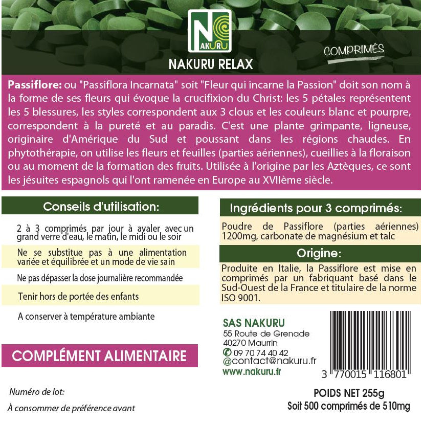 NAKURU Passiflore — 500 comprimés — Étiquette dos