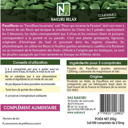 NAKURU Passiflore — 500 comprimés — Étiquette dos