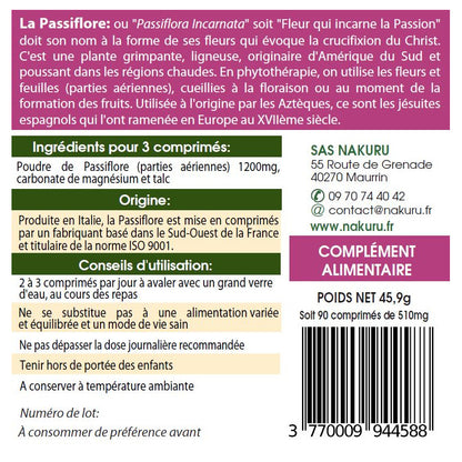NAKURU Passiflore — 90 comprimés — Étiquette dos