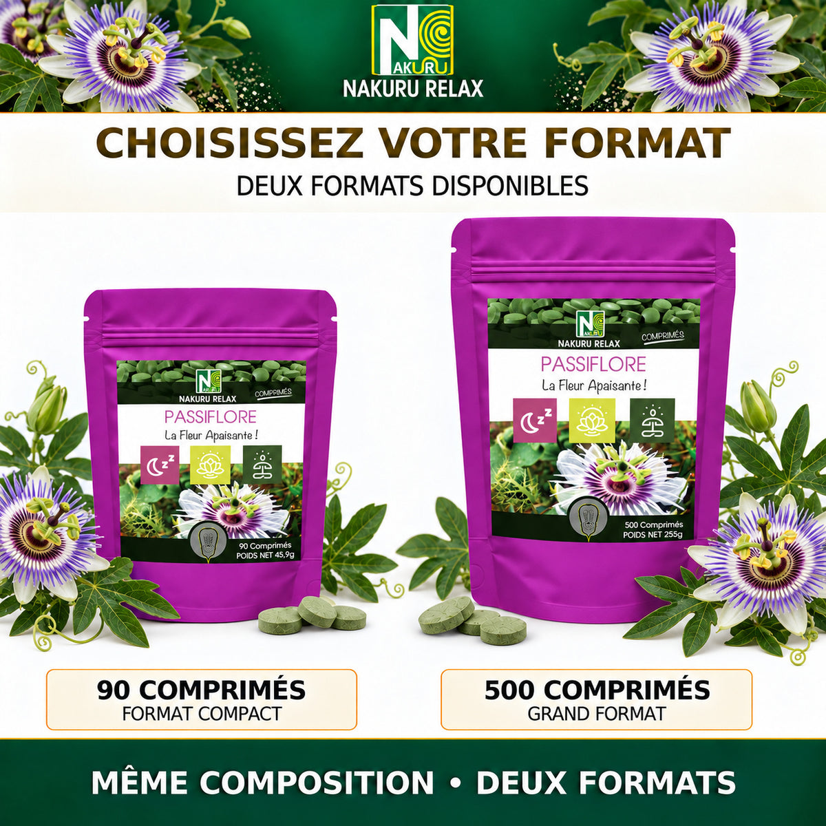 NAKURU Passiflore — 500 comprimés — Comparatif des formats