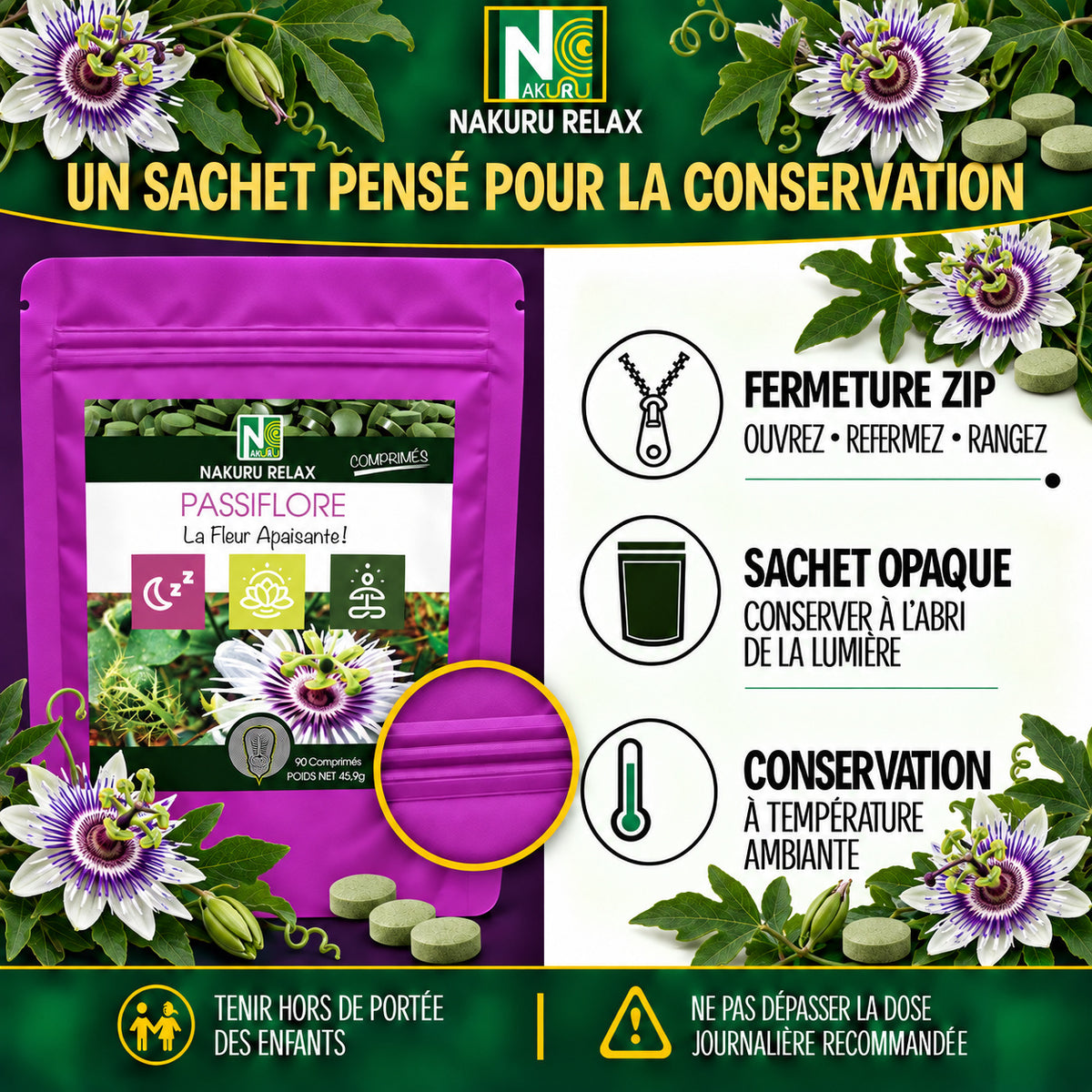 NAKURU Passiflore — 500 comprimés — Conservation