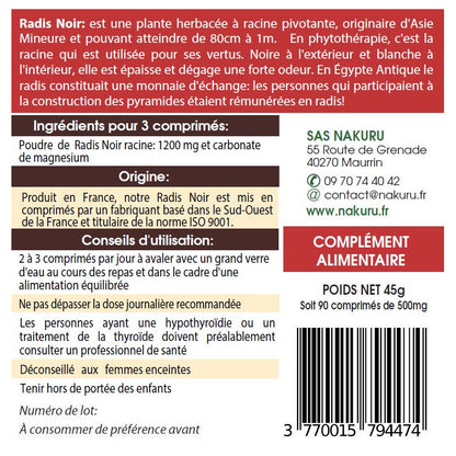 NAKURU Radis Noir — 90 comprimés — Étiquette dos