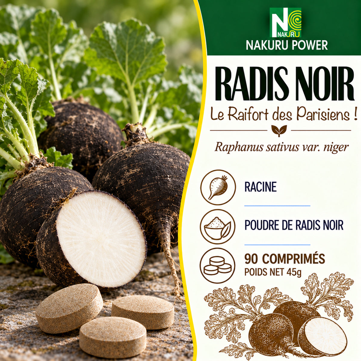 NAKURU Radis Noir — 90 comprimés — Présentation