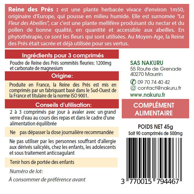 NAKURU Reine des Prés — 90 comprimés — Étiquette dos