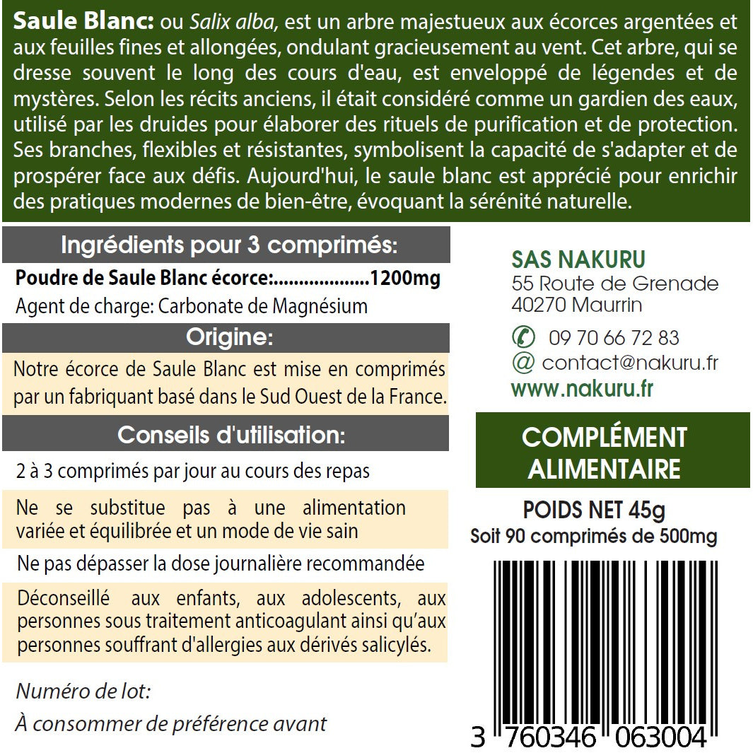NAKURU Saule Blanc — 90 comprimés — Étiquette dos