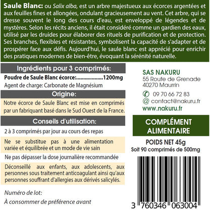 NAKURU Saule Blanc — 90 comprimés — Étiquette dos